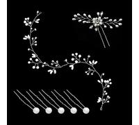 Diadema de vid de 50 cm con 1 horquilla con forma de flor de diamantes de imitación y 5 pinzas de perlas en forma de U, vid, cristal, accesorios para el cabello de novia, adecuado para bodas (plata)