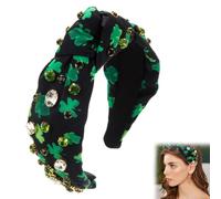 Diadema del día de San Patricio, diadema anudada con perlas de cristal y diamantes de imitación para mujer, diadema con nudo superior de trébol de la suerte verde, accesorios para el cabello para