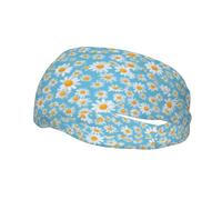 Diadema Deportiva con Estampado de Margaritas Blancas sobre Fondo Azul Claro, Transpirable, Ideal para Correr, Yoga y Fitness. Unisex.