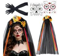 Diadema Día de los Muertos, Diadema de Halloween, Velo de Halloween Día de los Muertos, Guantes de Negro, Accesorio para Disfraz de Halloween