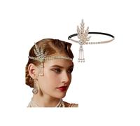 Diadema dorada estilo Gatsby con diamantes de imitación, perlas y flecos de borlas para fiestas y disfraces vintage.