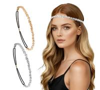 Diadema Elástica de Lentejuelas, 2PCS Cadena Bohemia para La Cabeza, Elasticas Diadema Mujer para El Pelo con Pedrería y Lentejuelas Brillante, para Peinados, Boda, Fiesta, Noche, Cosplay (A)