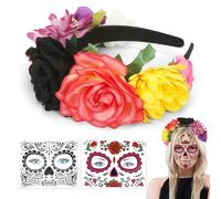 Diadema Flores Mexicana, Diadema Día de los Muertos, 3 piezas Multicolor Diadema Halloween Mujer con Tatuaje de cara, Diadema Flores para Halloween, Día de los Muertos, Carnavales