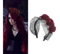 Diadema gótica de flores de rosas de Halloween, encaje negro, rojo vino, rosa, para mujer, bailes de máscaras, cosplay, fiesta, accesorio para el cabello