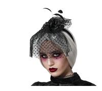 Diadema Halloween para Disfraz con Rosas Negras, Velo con Lunares y Plumas - Accesorio para Fiestas Temáticas, Vampiresas o Brujas