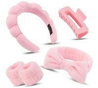 Diadema Maquillaje Mujer, 5 Piezas Diademas Faciales Spa y Muñequeras, Diadema Skincare, Diademas de Esponja Suave, Horquilla, para Lavado de Cara, Cuidado de La Piel, Desmaquillado (Rosa, 5pcs)