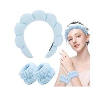 Diadema Maquillaje Mujer,Diadema Skincare,Diademas de Esponja con 2 Muñequeras,Diadema Elastica Mujer para Lavarse la Cara, Spa, Maquillarse, Bañarse (Azul)