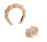 Diadema Maquillaje Mujer,Diadema Skincare,Diademas de Esponja con 2 Muñequeras,Diadema Elastica Mujer para Lavarse la Cara, Spa, Maquillarse, Bañarse (Caqui)