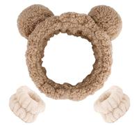 Diadema Maquillaje Mujer,Diadema Skincare,Diademas Felpa Pelo de Oso Orejas con 2 Muñequeras,Diadema Elastica Mujer para Lavarse la Cara, Spa, Maquillarse, Bañarse (Caqui)