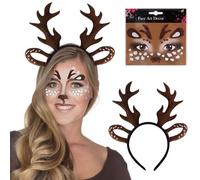 Diadema Navidad, Diadema Reno Navidad Diadema de Cuerno Cuernos Ciervo Orejas + Cara Ciervo Tatuaje para Carnaval, Navidad, Mascarada Cosplay (A, Talla normal)