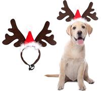 Diadema navideña para mascotas, disfraz de cuernos de reno, artículo de Navidad para mascotas, diadema ajustable con gorro de Navidad, gorro de alce, marrón, algodón y felpa, 32 cm x 26 cm