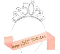Diadema para 50 Cumpleaños: Tiara Corona con Estrass en Color Oro Rosa - Accesorio de Fiesta, Regalo y Decoración para 50 Aniversario - Ideal para Mujeres y Niñas en Fiestas de Cumpleaños 50 Años