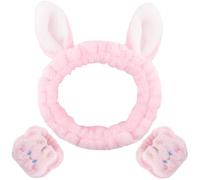 Diadema para el cabello para mujer, maquillaje de conejo, 3 piezas, para cabeza, maquillaje, rosa y pulsera de esponja, para desmaquillaje, puño Skincare y diadema para spa, yoga, lavado facial