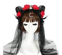 Diadema para mujer, diadema de cuerno de buey para Halloween, diadema de encaje con diseño de calavera rosa, velo, diadema de flores sintéticas, accesorios para el cabello para cosplay