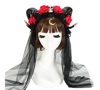 Diadema para mujer, diadema de cuerno de buey para Halloween, diadema de encaje con diseño de calavera rosa, velo, diadema de flores sintéticas, accesorios para el cabello para cosplay