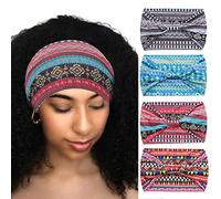 Diademas africanas anudadas negras para yoga y deportes, bufanda ancha elástica para la cabeza para mujeres y niñas (paquete de 4) (Color: diadema impresa-3)