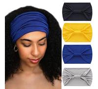 Diademas africanas anudadas negras para yoga y deportes, bufanda elástica ancha para la cabeza para mujeres y niñas (paquete de 4) (Color: amarillo, azul, azul oscuro, gris)