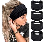 Diademas anchas para mujer, color negro, elegantes, bohemias, gruesas, grandes, africanas, deportivas, yoga, turbante, diadema para el cabello (paquete de 4)