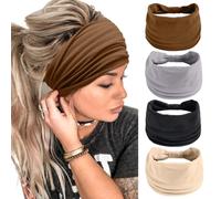 Diademas anchas para mujer, color negro, elegantes, bohemias, gruesas, grandes, africanas, deportivas, yoga, turbante, diadema para el cabello (paquete de 4)