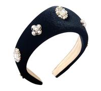 Diademas de felpa negra con perlas blancas, decoración para mujer, accesorio vintage para el cabello de moda para uso diario