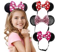 Diademas de orejas de Minnie con lazo de lentejuelas brillantes (3 piezas) - Orejas de ratón para niñas y mujeres - Diadema elástica ajustable sin dolor de cabeza, purpurina completa