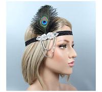 Diademas De Plumas Mujer vintage pluma diadema negro diamantes de imitación con cuentas de lentejuelas de lentejuelas 1920s gatsby party tocado flapper pluma diadema Diadema De Plumas(F)