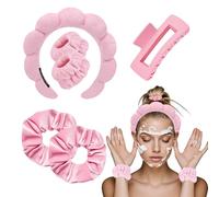 Diademas de spa para mujer, 1 diadema de maquillaje, 2 muñequeras y 2 gomas para el pelo y 1 juego de pinzas para el cabello para lavado facial, cuidado de la piel, eliminación de maquillaje(Rosa)
