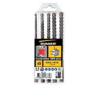 Diager Juego De Brocas Sds-plus 4g4 Para Hormigón, 5 Piezas: Ø6-12 Mm X 160 Mm, 4 Cortes, Punta 150°, En Estuche De Plástico