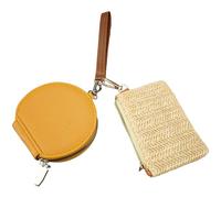 Diakey Cartera con llavero para mujer, doble bolsa desmontable, portátil, de piel sintética, con cremallera alrededor, monedero y bolsa pequeña tejida con pajilla, Amarillo claro y amarillo