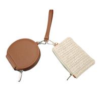 Diakey Cartera con llavero para mujer, doble bolsa desmontable, portátil, de piel sintética, con cremallera alrededor, monedero y bolsa pequeña tejida con pajilla, Beige y marrón