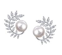 DIAMANTIO Pendientes de boda con circonita cúbica de grado AAAAA, chapados en oro de 18 quilates, elegante corona de cristal, curvada, brillante, trigo brillante, broche de ramas de olivo, hojas en