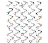 Diamday 30PCS Piercing Nariz Acero Quirurgico 18G 20G Hipoalergénico Corazón ópalo CZ Recta Forma de L Tornillo Anillos Nariz Labret Nariz Piercing Joyería para Mujeres Hombres