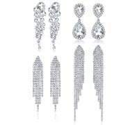 Diamday 4 pares de pendientes colgantes con clip para mujer, con diamantes de imitación, con flecos, alas de ángel, brillantes, para novias, damas de honor, bodas, bailes, joyas, no perforados