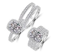 Diamonbella 101 facetas Realista 2 Quilates Esmeralda Rectangular Cojín Halo NSCD Simulado Diamante Anillo Doble Banda Set 925 Platino Plateado, Plata de ley, Cubic Zirconia