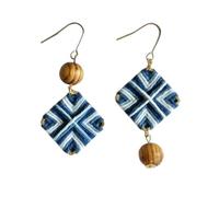 Diamond Asymmetric Plant Dyed Earrings, Woven Wooden Beaded Blue White Dangle, Handmade Boho for Women Daily Party