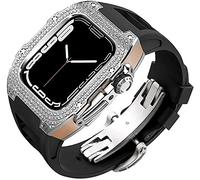 Diamond Face Watch Cover Case de goma de goma de aleación de titanio, compatible con Apple Watch Series 8/7/6/5/4/SE, Men Women Reemplazo y correa, para iWatch 45/44 mm Kit de modificación de acero