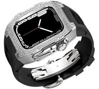 Diamond Face Watch Cover Case de goma de goma de aleación de titanio, compatible con Apple Watch Series 8/7/6/5/4/SE, Men Women Reemplazo y correa, para iWatch 45/44 mm Kit de modificación de acero