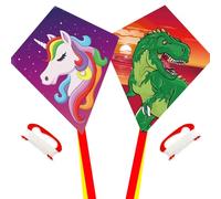 Diamond Kite 2 unidades, Dinasour + Unicorn Eddy Kite, cometa de una sola línea para niños, maravillosa cometa principiante durante 3 años más, mango de cometa, cuerda de 60 m y giratorio incluido.