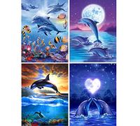 Diamond Painting 5D, 4 Piezas DIY Pintura Diamante Delfines para Adultos y Niños, 5D Bricolaje Diamond Painting Kit para La Decoración de la Pared Del Hogar, Regalo de Cumpleaños