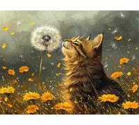 Diamond Painting Adultos Gato Pintura de Diamante Diente de León, 5D DIY Diamond Painting Punto de Cruz Manualidades Adultos, Strass Bordado Puzzle Art para Decoración Hogar Regalo 70x50cm E0-41