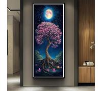 Diamond Painting Adultos Grande Tamaño, Kits de Cuadro Diamantes Paisaje 5D DIY Diamond Painting Luna Llena Árbol en Flor Pintura Diamante Punto de Cruz Manualidades para Adultos 100x200 cm -LR915