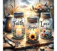 Diamond Painting Adultos Kit,Cuadro de Diamantes 5D con Frascos “Faith Hope Love”,Flores y Velas,Pintura Diamante DIY,Cuadro Diamantes para Decoración de Hogar,Cuadros Diamantes para Regalo 30x30cm
