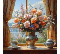 Diamond Painting Kit Completo, Pintura de Diamante 5D DIY para Adultos Principiantes, Cuadros de Diamantes Decoración, Mosaicos Arte con Cristales, AlféIzar De La Ventana De Flores, 80x80cm J-336