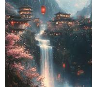 Diamond Painting Kit Completo, Pintura de Diamante 5D DIY para Adultos Principiantes, Cuadros de Diamantes Decoración, Mosaicos Arte con Cristales, Arquitectura Antigua De La Cascada, 100x100cm J-695