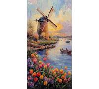 Diamond Painting, Molinos de viento paisajes Pintura Diamante Kit Manualidades Adultos, 5D Diamond Painting Adultos Dibujos DIY Diamantes para la Decor de la Pared del Hogar, Regalos 70x140cm U-251