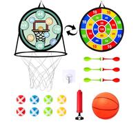 Diana para niños, Diana con Soporte de Baloncesto, Juego de Diana de Doble Cara con Bolas pegajosas Dardos, Baloncesto Inflable, Enganche, Interior, Juego de Lanzamiento al Aire Libre