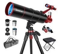 Dianfan Telescopio 90/550 Astronómico para Adultos y Niños, Telescopio Refractor Portátil para Principiantes con Montura AZ, Trípode, Adaptador para Teléfono, Bolsa de Transporte y Taburete Plegable