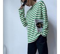 DIANN Primavera Suelta algodón clásico Raya Camiseta Mujer Casual Cuello Redondo básico Manga Larga Camiseta Simple Todo-fósforo Tops señora-Verde 1,S