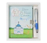 Diario Comunión iglesia azul + bolígrafo con puntero y linterna | Medidas diario 18,5 x 14 cm, diario con candado | Arguval