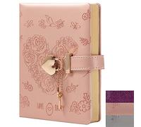 Diario con cerradura de corazón con llave, diario de piel sintética púrpura brillante, diario B6 para escribir, 144 hojas de papel forrado, regalo para niñas y mujeres (rosa flor)